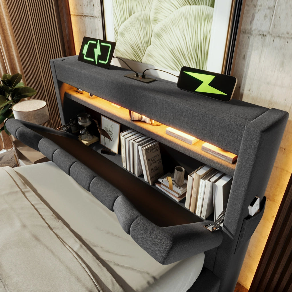 Letto singolo imbottito 90x200 cm con contenitore, USB Type-C, LED e materasso, grigio