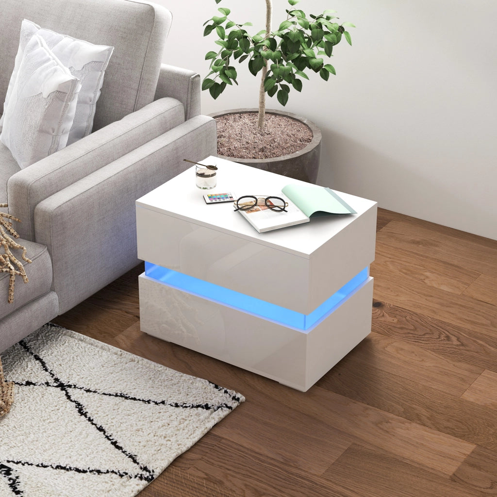 Comodino con luce LED e 2 cassetti ¨C Minimal ¨C Bianco 60x39x47