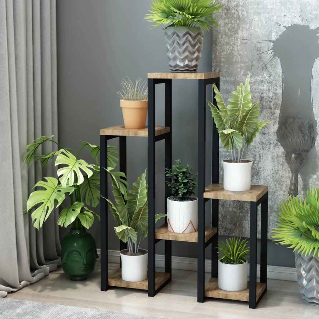 Scaffale Portapiante Rosenholm con 6 Ripiani - Nero / Effetto Legno [en.casa]