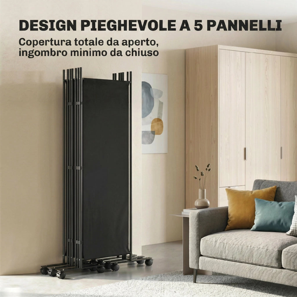 Divisorio Decorativo 5 Pannelli ¨C Xylo ¨C Acciaio Nero con Ruote