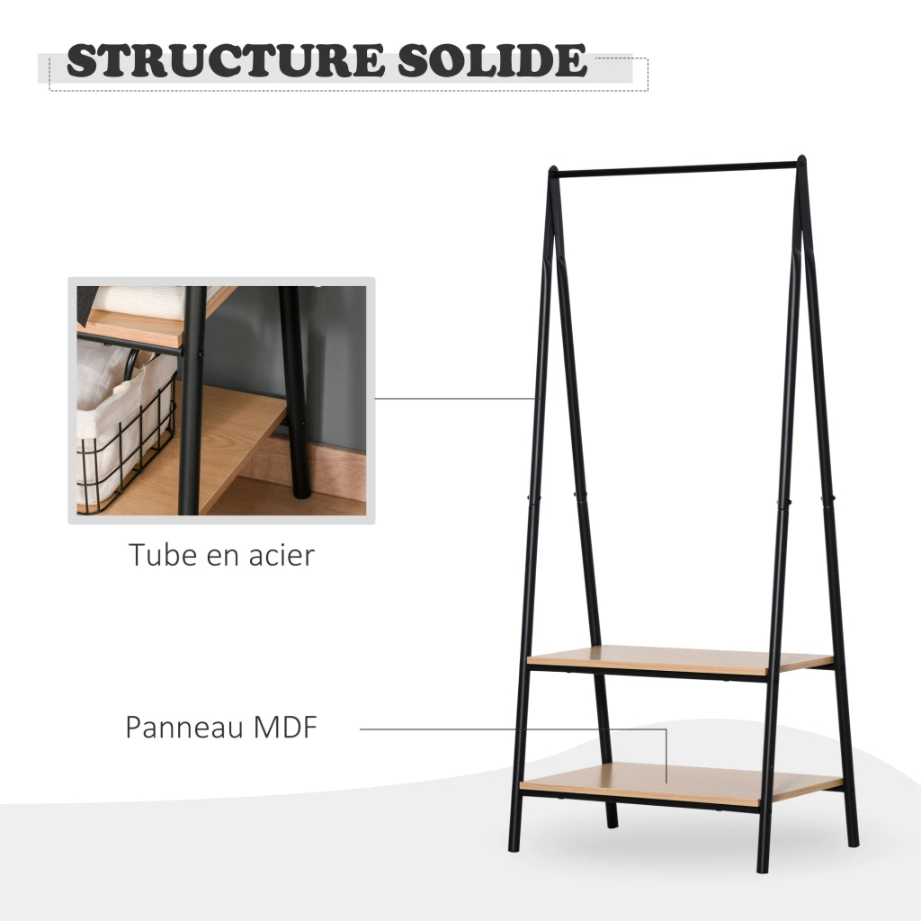 Appendiabiti salvaspazio per casa, triangolare contemporaneo, 2 ripiani MDF legno chiaro acciaio nero, 64L x 43l x 149H cm, robusto