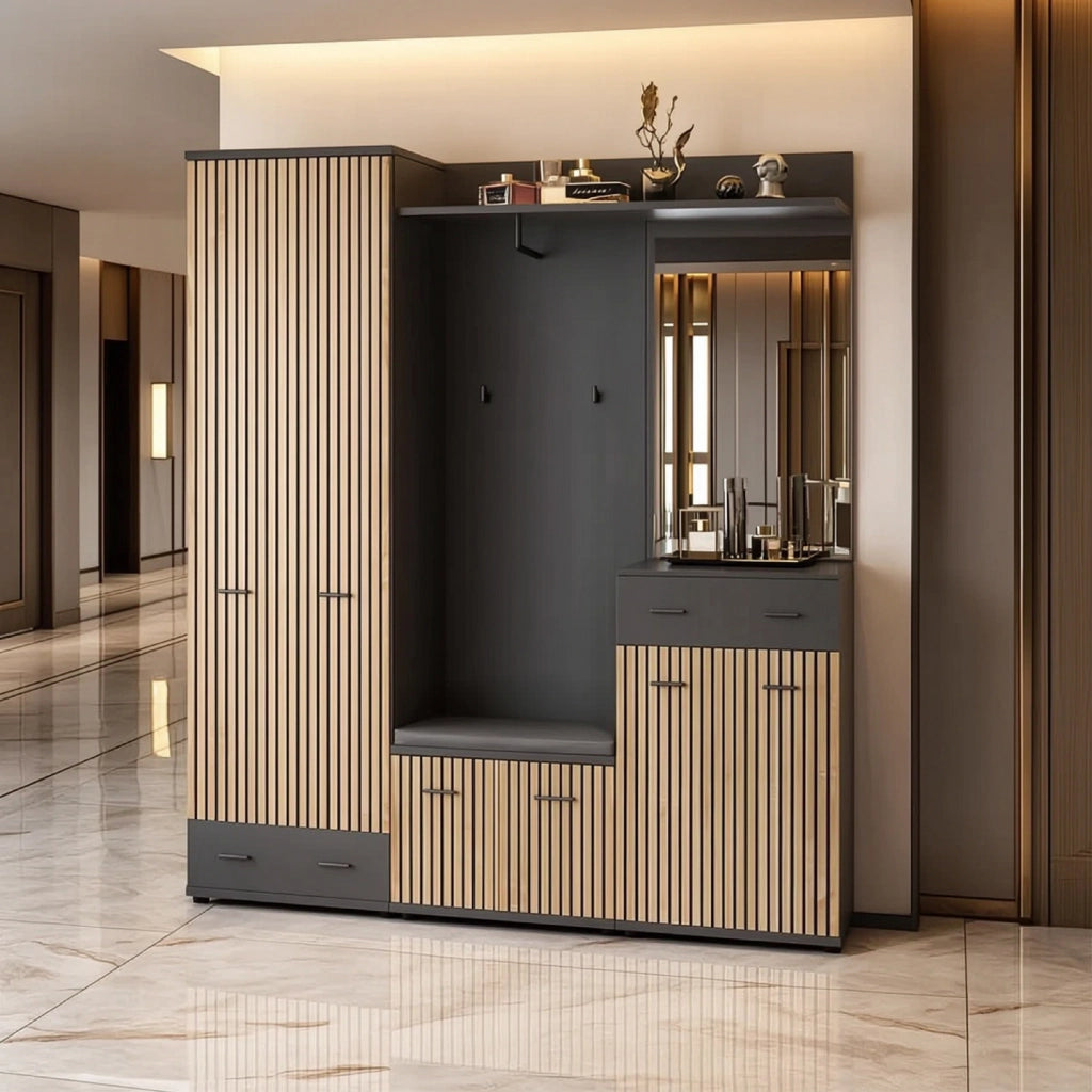 Mobile Ingresso Appendiabiti Set Entrata Design Moderno 180x 32x 203 Cm Antracite E Rovere