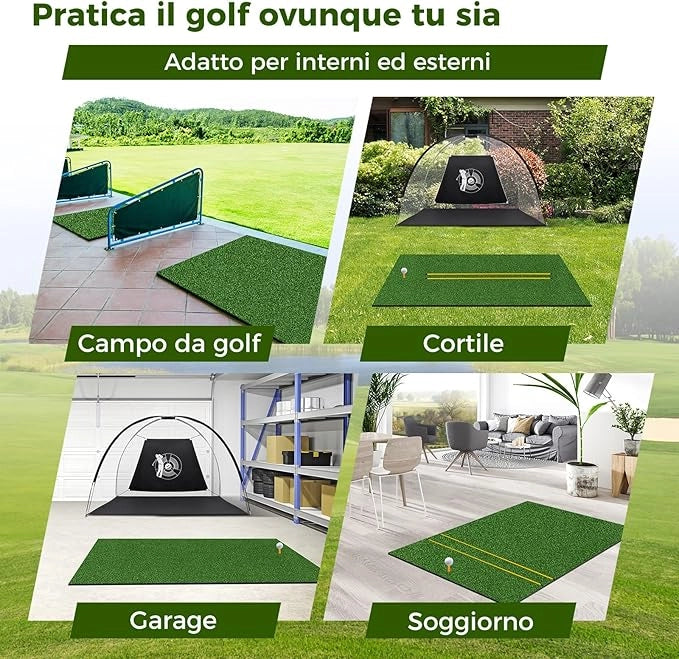 Tappeto da Allenamento Golf 3-in-1, Tappetino da Allenamento in Erba Sintetica con 2 Punte da Golf, 2 Aste di Allineamento e 3 Fori Preforati per le Punte