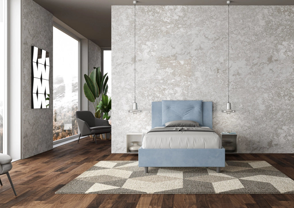 BS COM Letto una piazza e mezza senza rete imbottito 110x190 microfibra azzurro