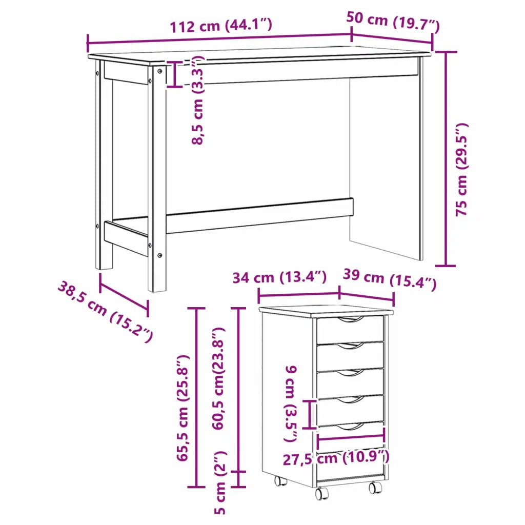 Set scrivania e mobiletto su ruote MOSS 2 pz Bianco 3438786