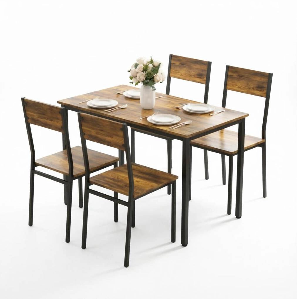 Set da pranzo 5 pezzi con tavolo rettangolare 108x60 cm e 4 sedie robuste in marrone rustico e nero