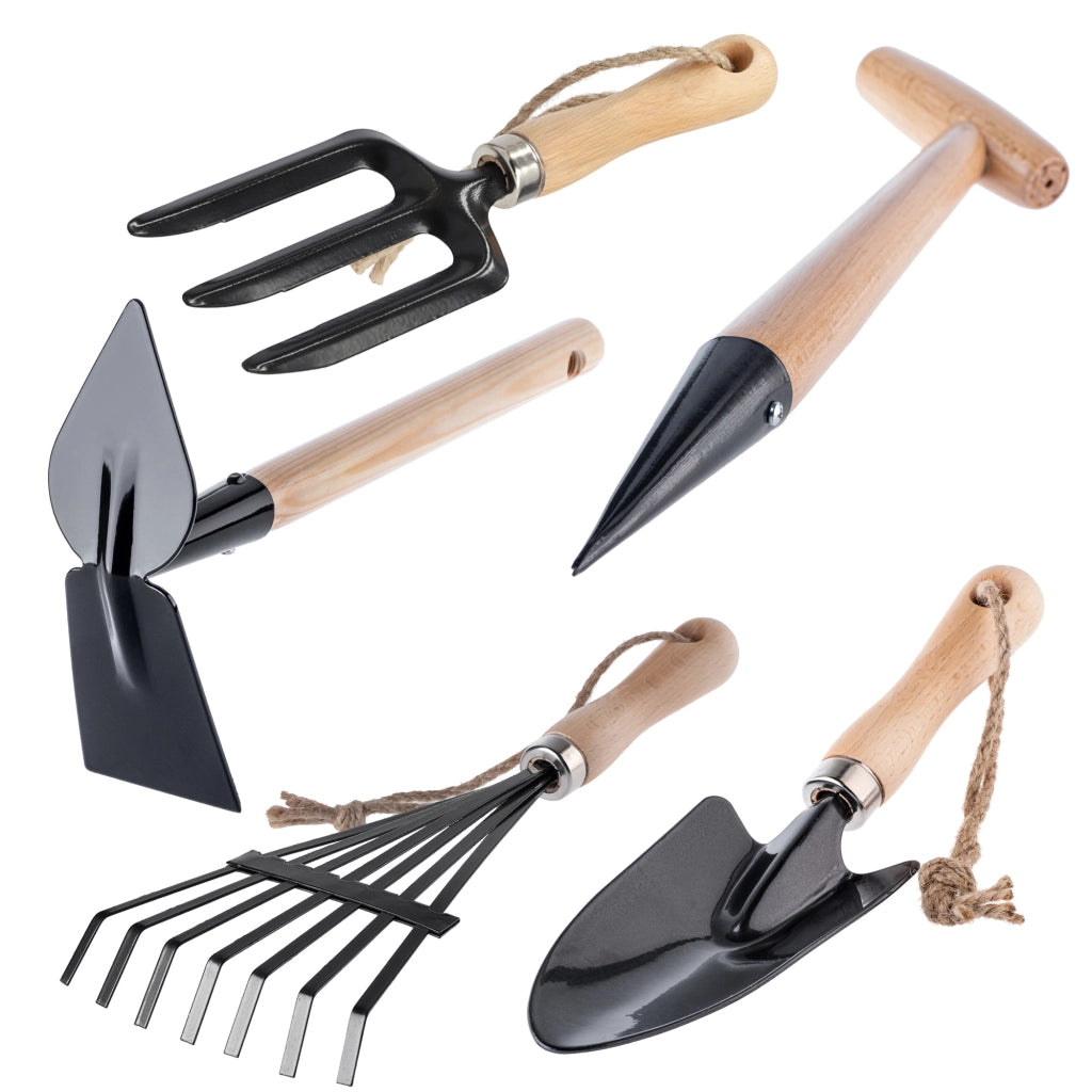 Set di attrezzi da giardino KADAX 5 in 1: pala, rastrello, zappa, artigli, coltello da patchwork