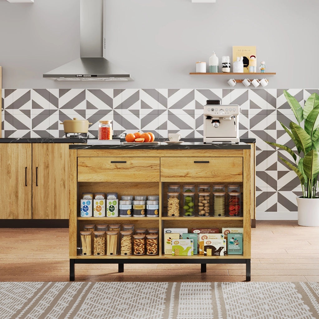 Isola da cucina 120x75x90 cm con 2 cassetti e 4 ripiani aperti in MDF nero e naturale