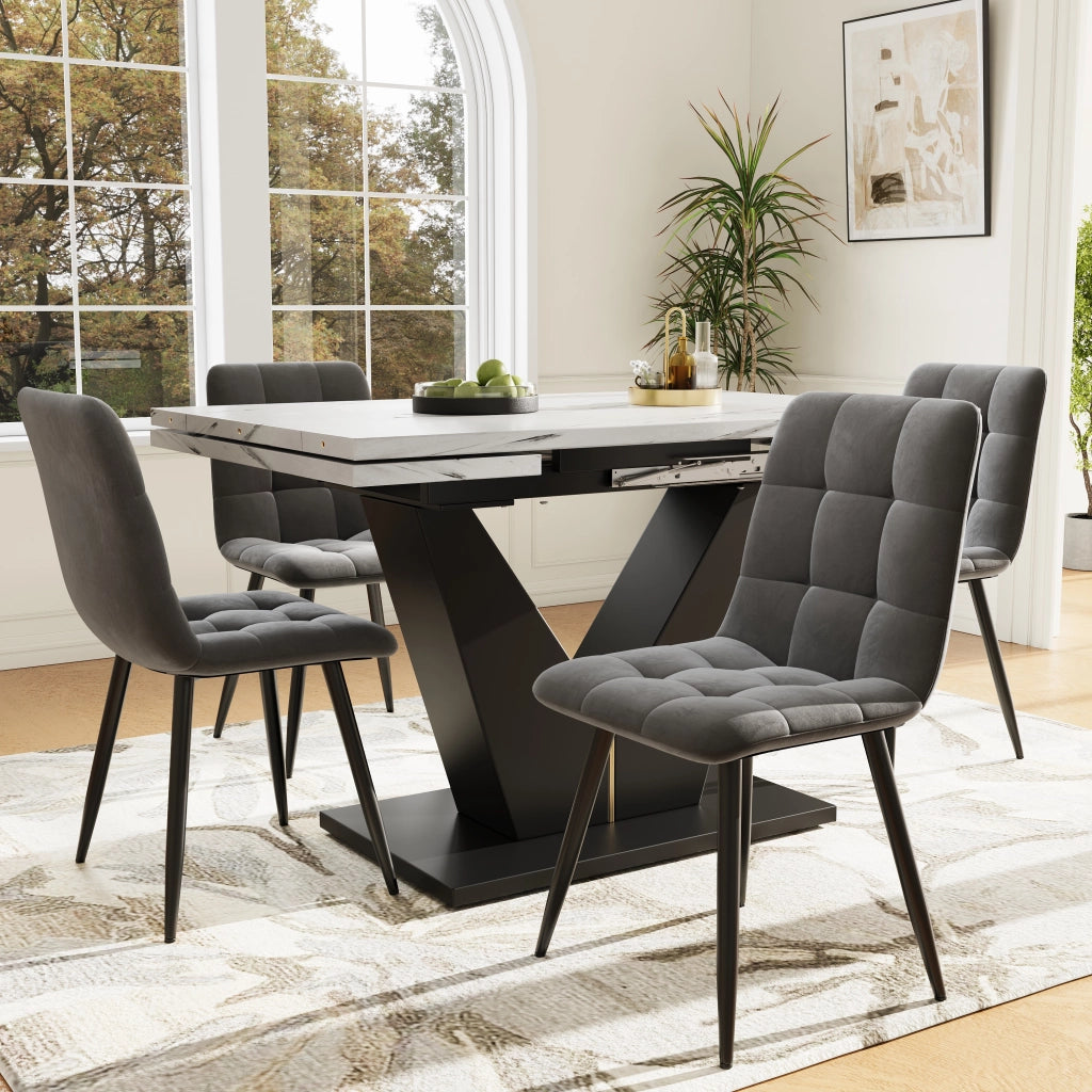 Tavolo da pranzo allungabile 99-159x75x75 cm, piano in MDF effetto marmo, bianco e nero, struttura in metallo