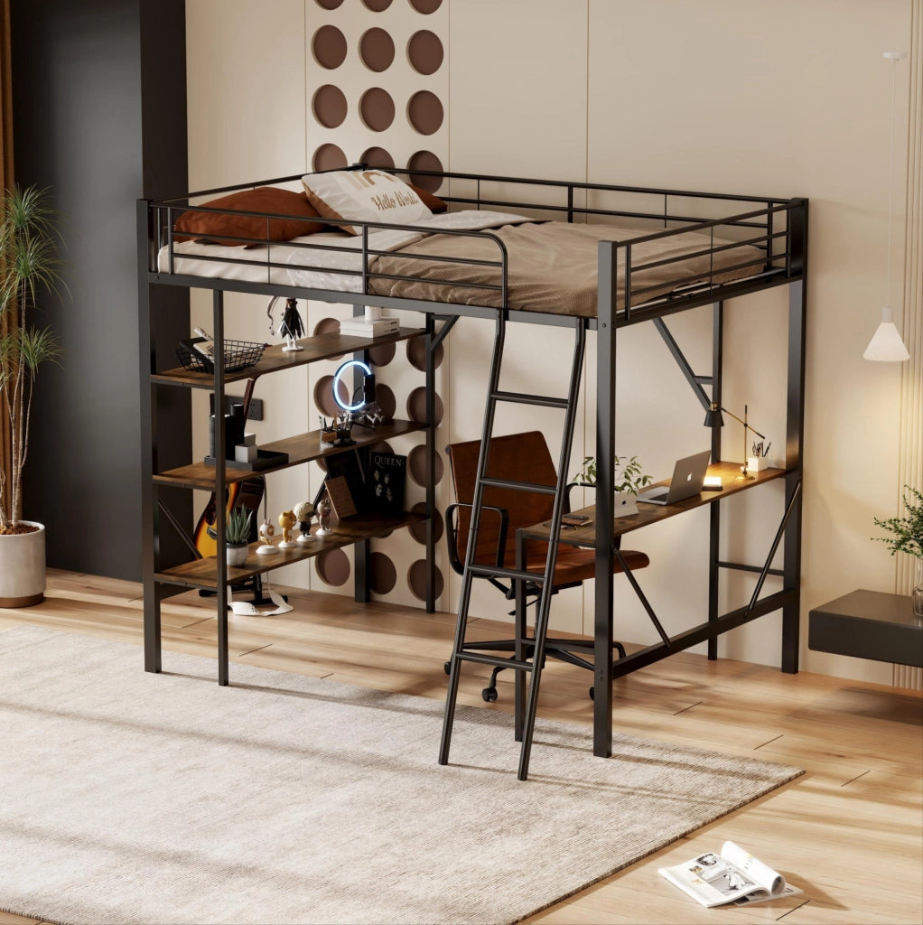 Letto a soppalco 90x200 cm in metallo con scrivania e 3 ripiani, nero