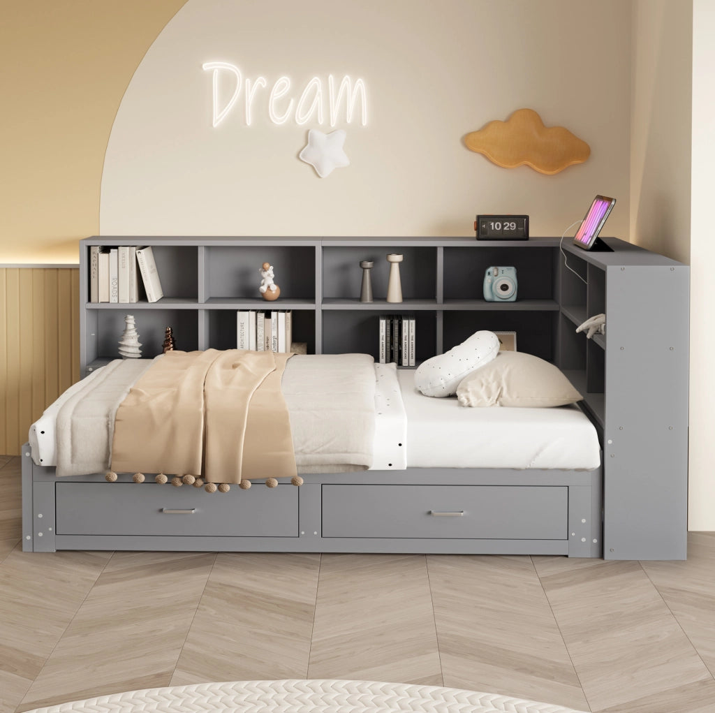 Letto estraibile in legno massiccio 90/180 x 190 cm con spazio contenitivo, presa elettrica multifunzione e cassetti, colore grigio