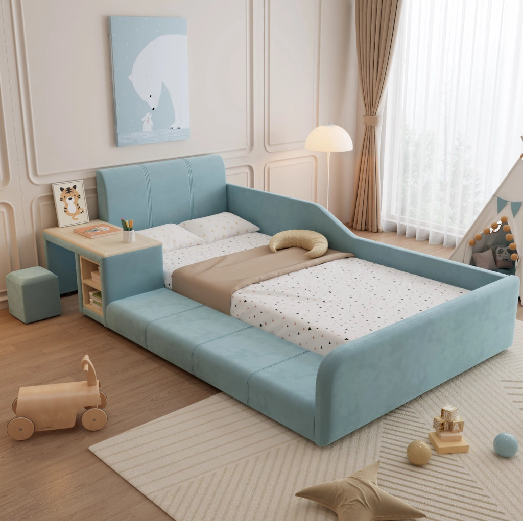 Letto singolo imbottito con scrivania laterale e sgabello in velluto blu, 90x200 cm