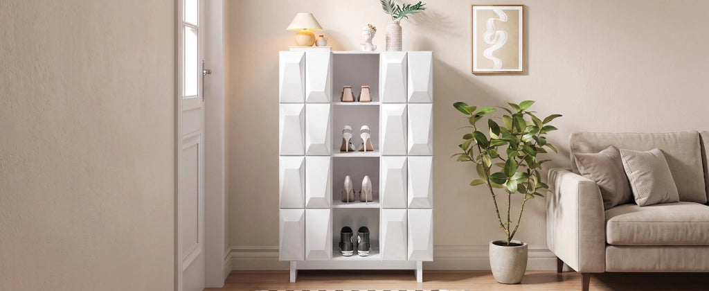 Vetrina 4 ante con 12 vani e ripiani aperti in pannello di particelle bianco per soggiorno e ingresso 90.5 × 34 × 135.5 cm