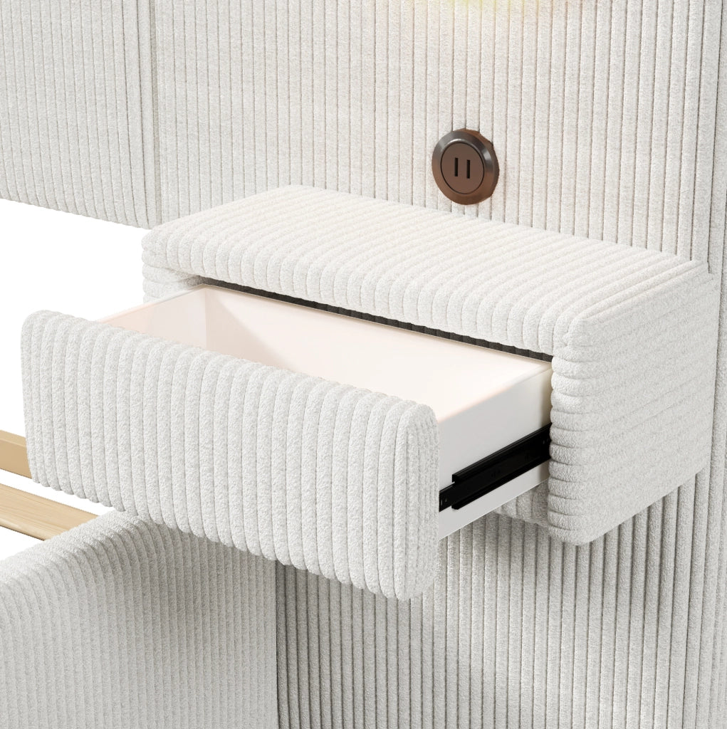 Letto imbottito 180x200 cm in velluto beige con LED, USB e comodini con cassetti