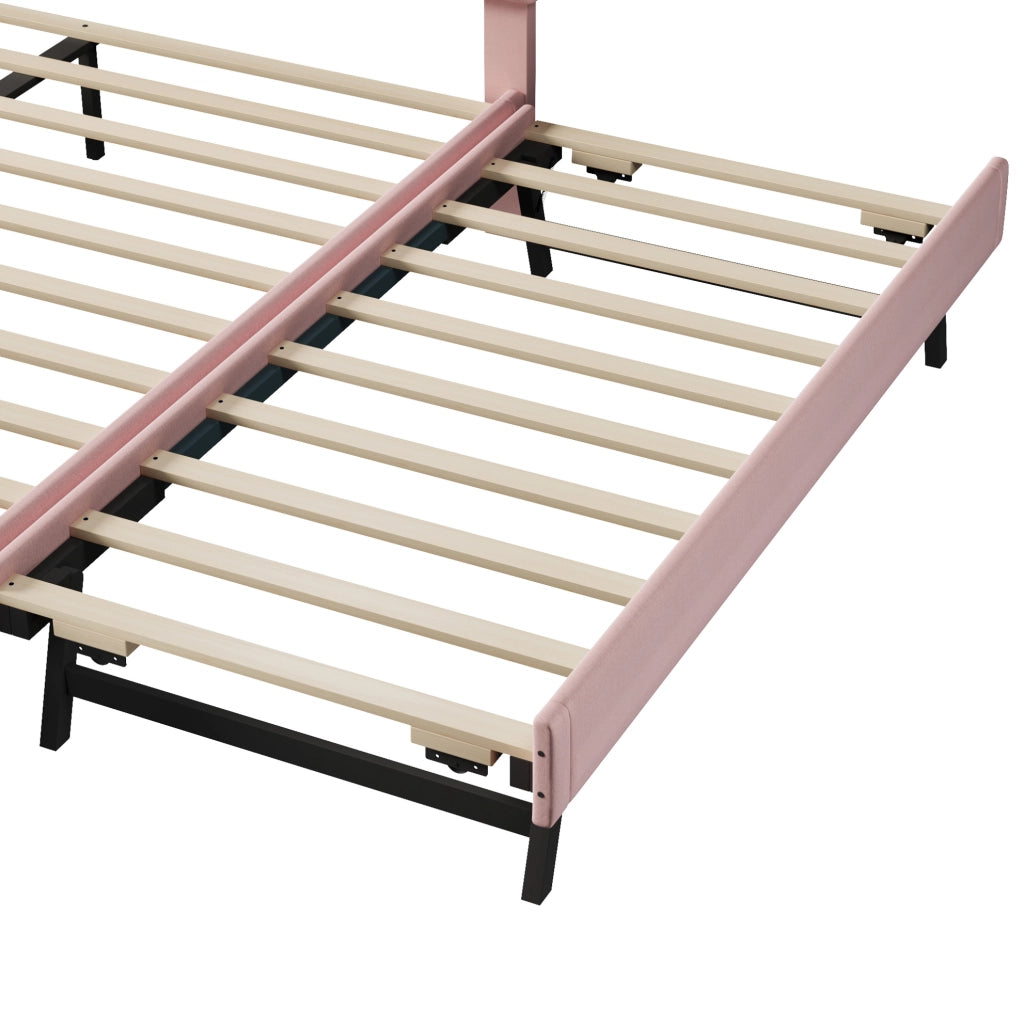 Letto imbottito 140x200 cm con rete a doghe e letto estraibile, rosa