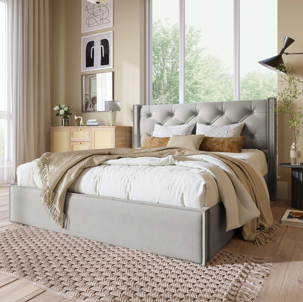 Letto matrimoniale imbottito con contenitore 140x200 cm in cotone grigio chiaro