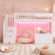 Letto a soppalco ULEVR 90x200 cm con scala a 3 vani, armadio contenitore e LED multicolore, bianco