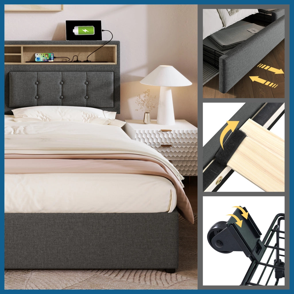 Letto imbottito 140x200 con 4 cassetti e materasso