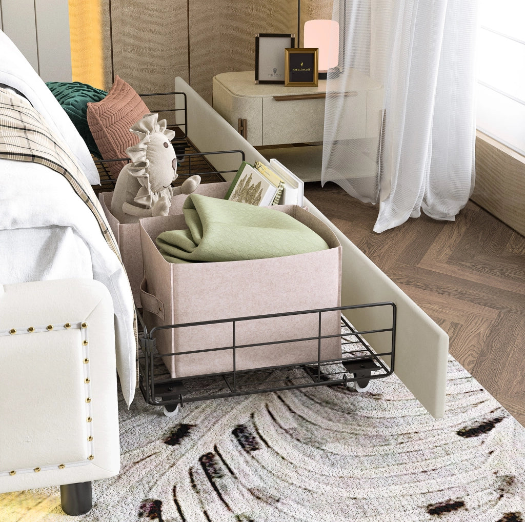 Letto imbottito 140 x 200 cm in velluto beige con LED, 4 cassetti e finiture oro