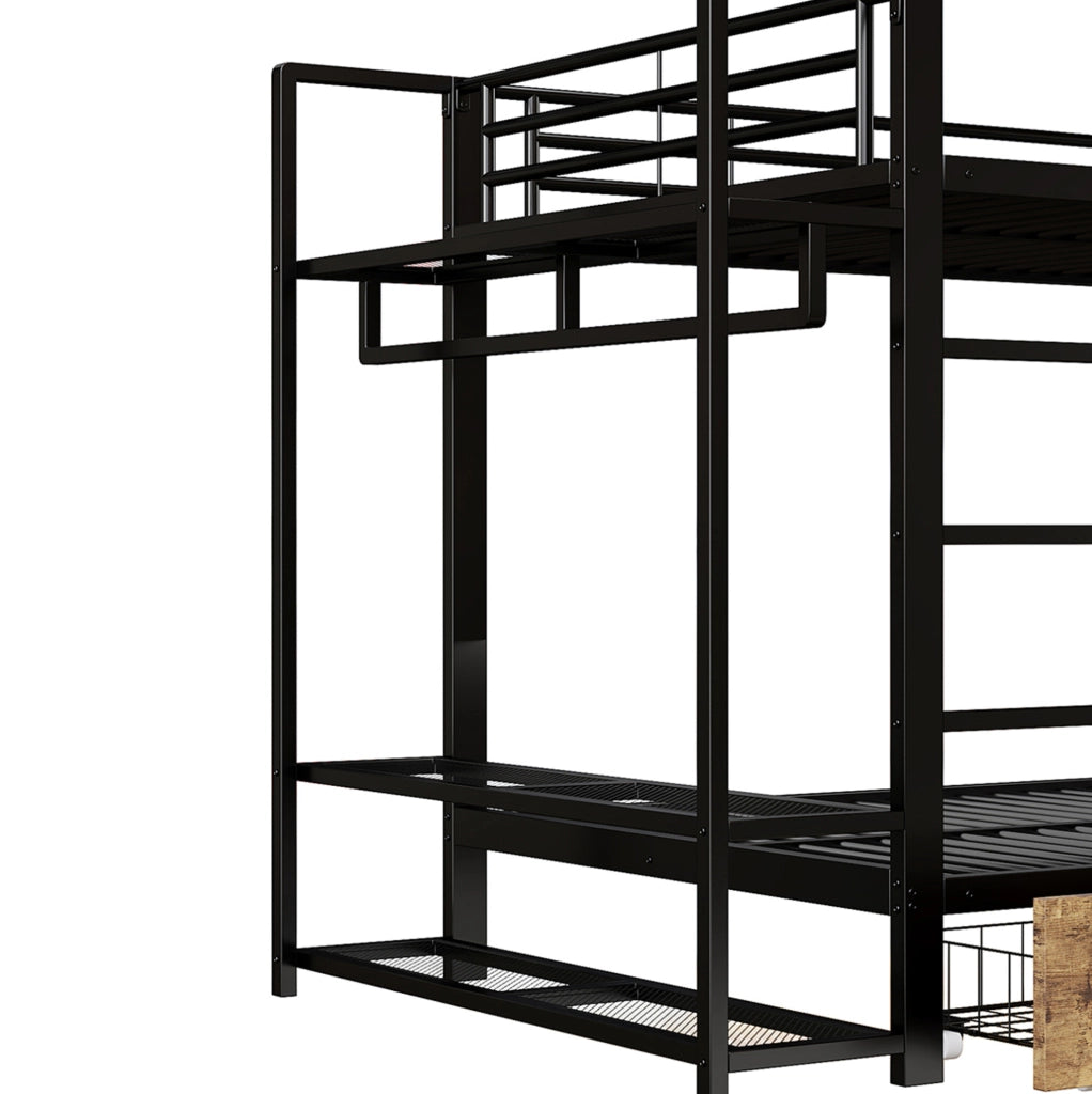 Letto a castello 140x200 cm con LED, 2 cassetti e ripiani, nero