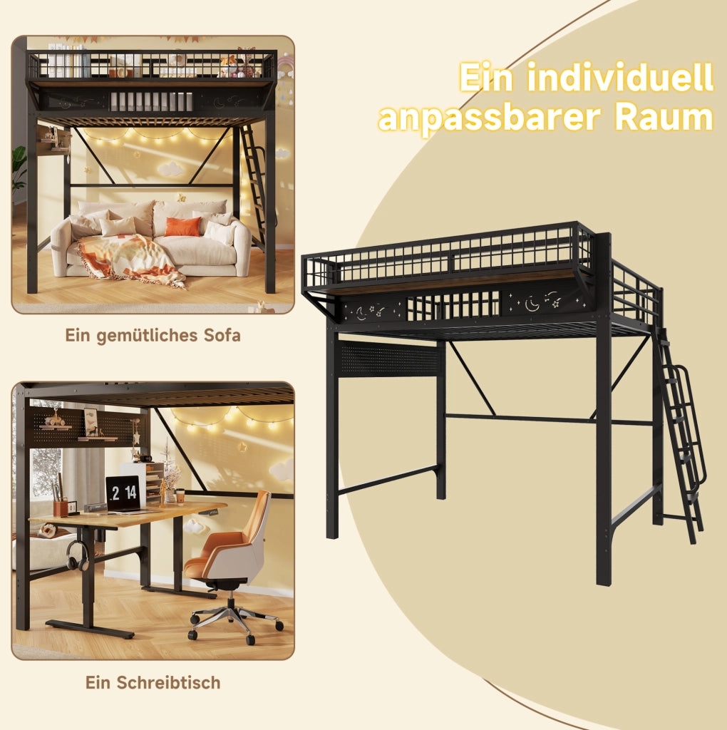 Letto a soppalco 140x200 cm in metallo nero con ripiani e scala reversibile
