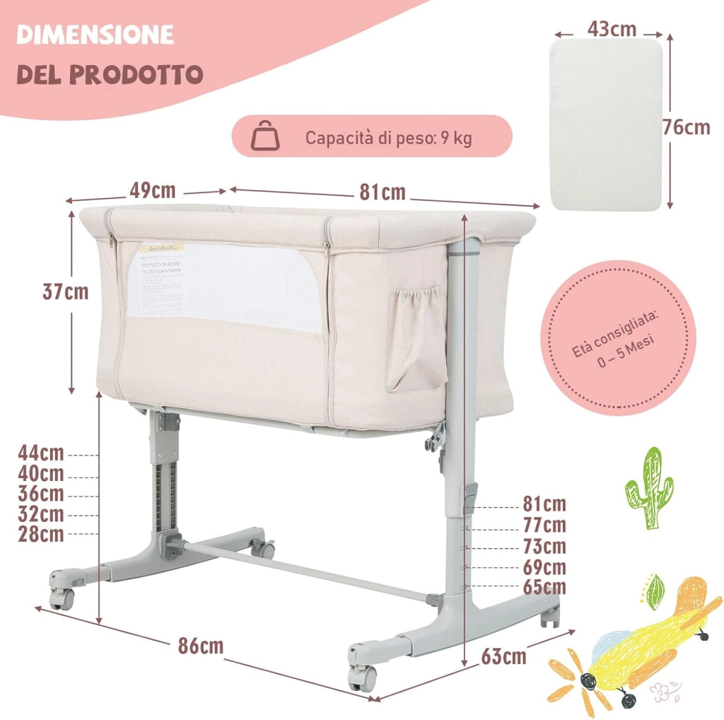Culla Neonato Fianco Letto 3 in 1, Lettino Dondolo Neonati con Materasso, Culla da Campeggio con Ruote e Borsa, Regolabile In Altezza, Inclinazione di 10°, per Bambini 0-6 Mesi (Beige)