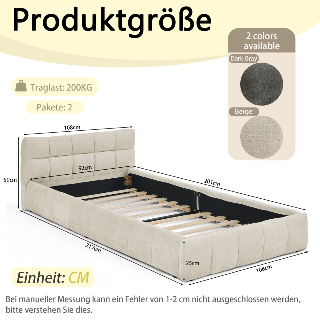 Letto singolo 90x200 cm per bambini con rivestimento in ciniglia beige, struttura in legno di eucalipto e telaio in ferro robusto, facile da montare (senza materasso)
