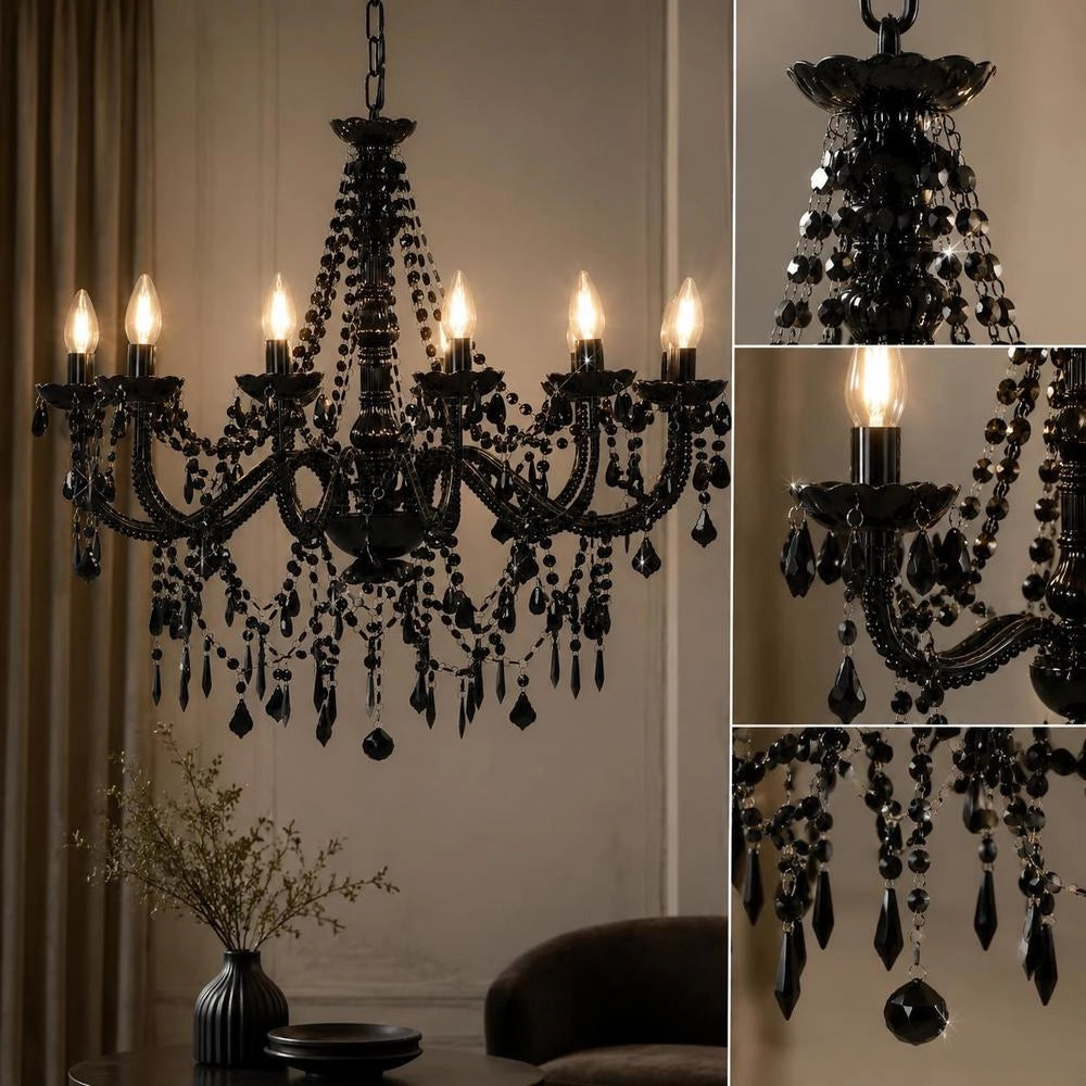 Black Chandelier With Pearls, 12 X E14 Sockets