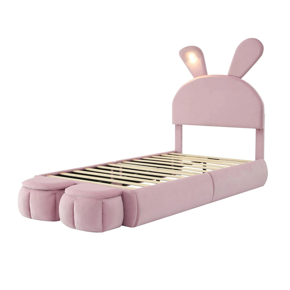 Letto Singolo Imbottito con Contenitore e LED ¨C MINIMAL ¨C Velluto Rosa 90x200