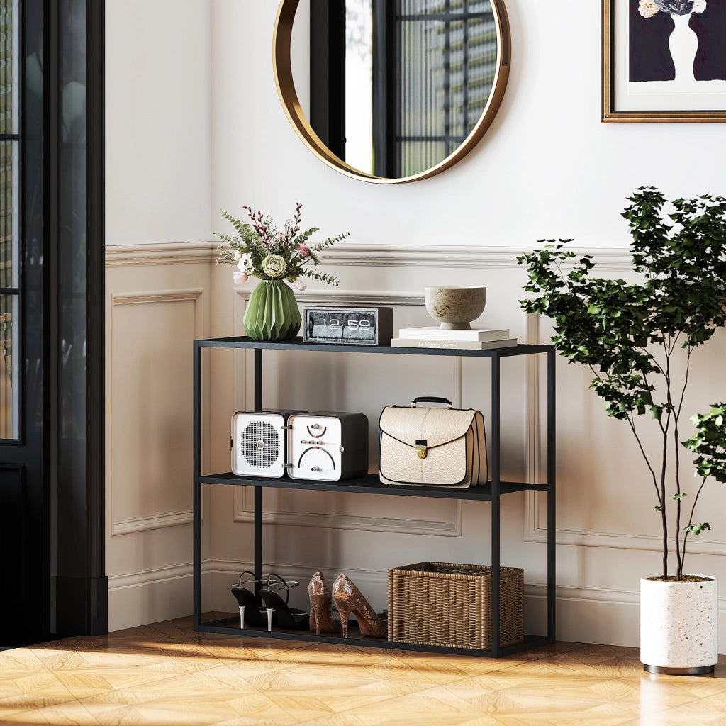 Consolle Ingresso Moderno ¨C Xylo ¨C Acciaio Nero 2 Ripiani 90x30x75cm