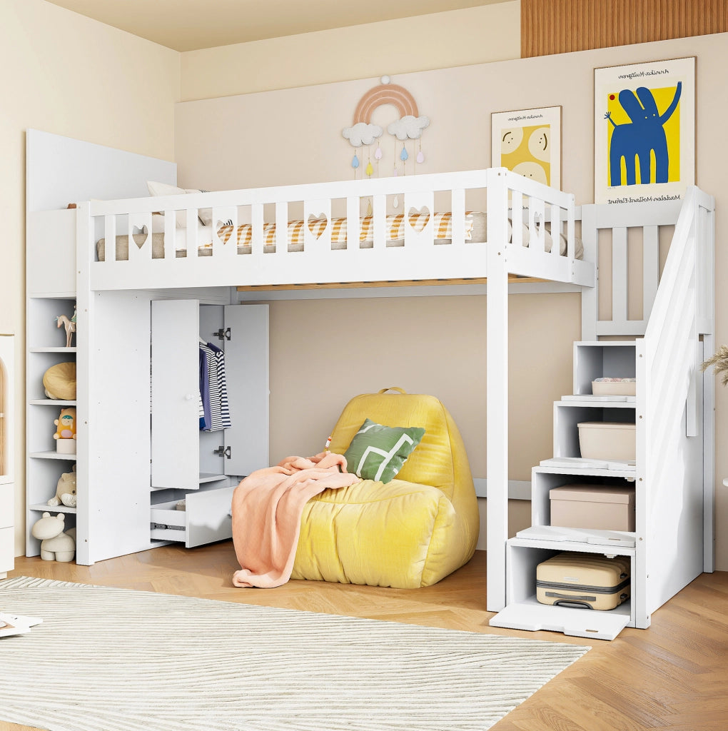 Letto a soppalco 90x200 cm con scala contenitore e vani portaoggetti, bianco