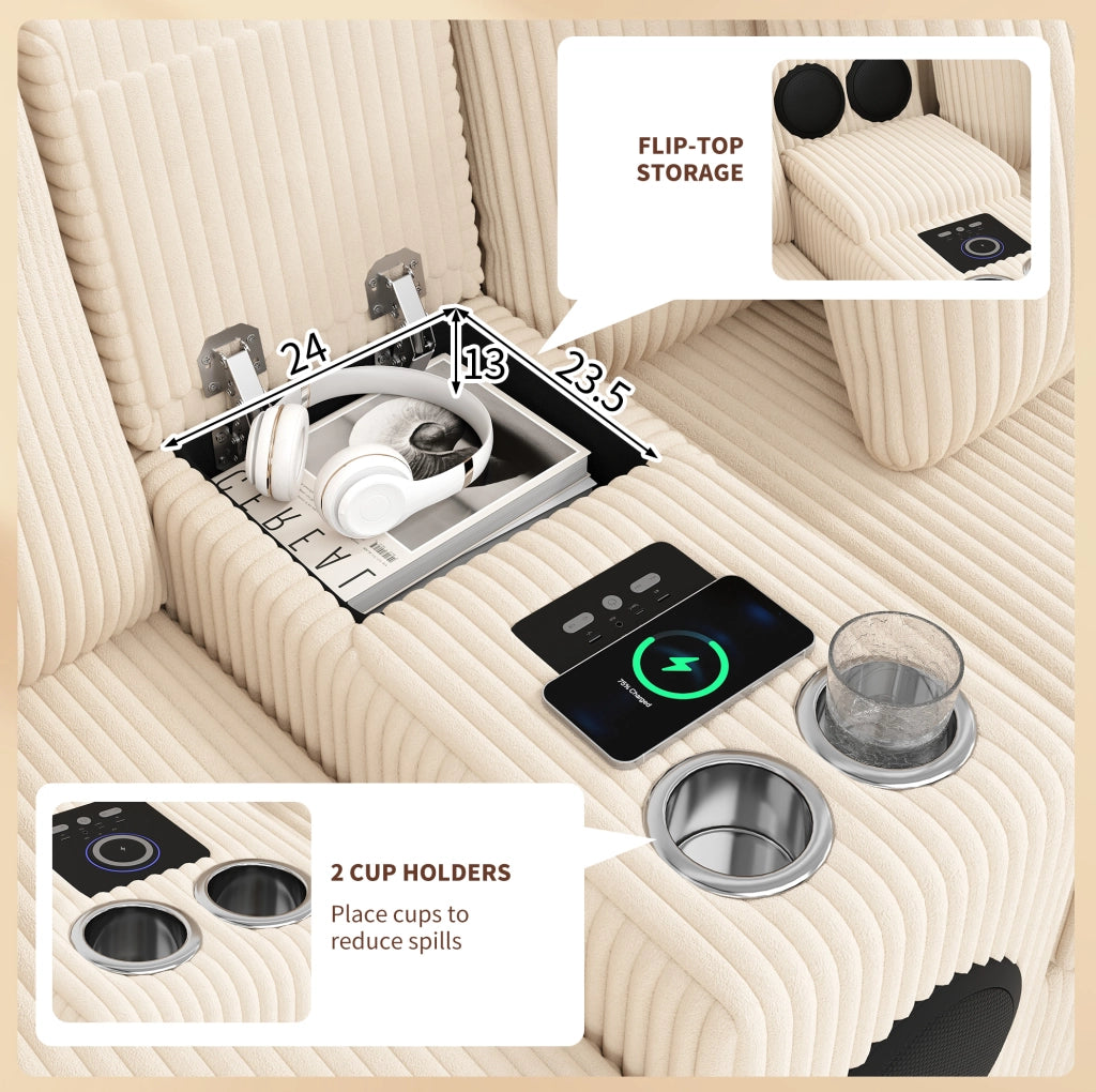 Divano modulare ULEVR 315,5x144 cm beige con console Bluetooth, ricarica wireless, USB/Type-C e portabevande
