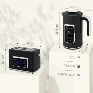 Set Bollitore e Tostapane, 1,7 L, 2 Fette, Touchscreen LED, Vari Modi, Nero