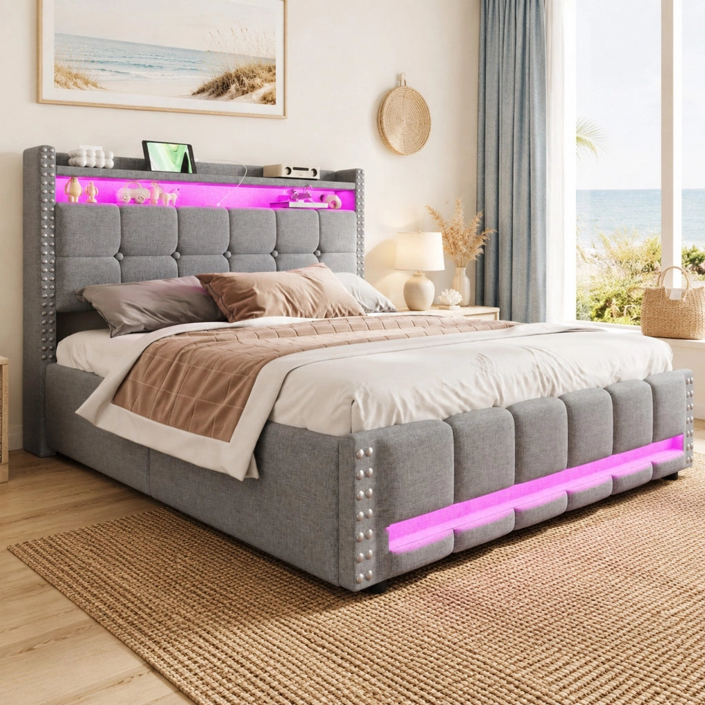 LETTO Imbottito 160x200 cm Grigio Chiaro con LED, USB e contenitore