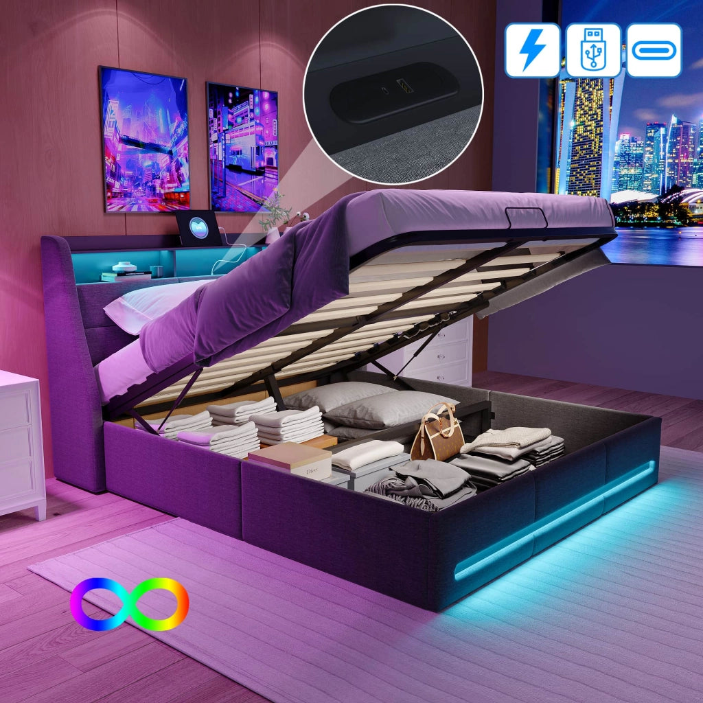 Letto contenitore 140x200 cm in lino grigio;con vano portaoggetti;luci LED/USB;rete a doghe e testiera;per ragazzi e adulti