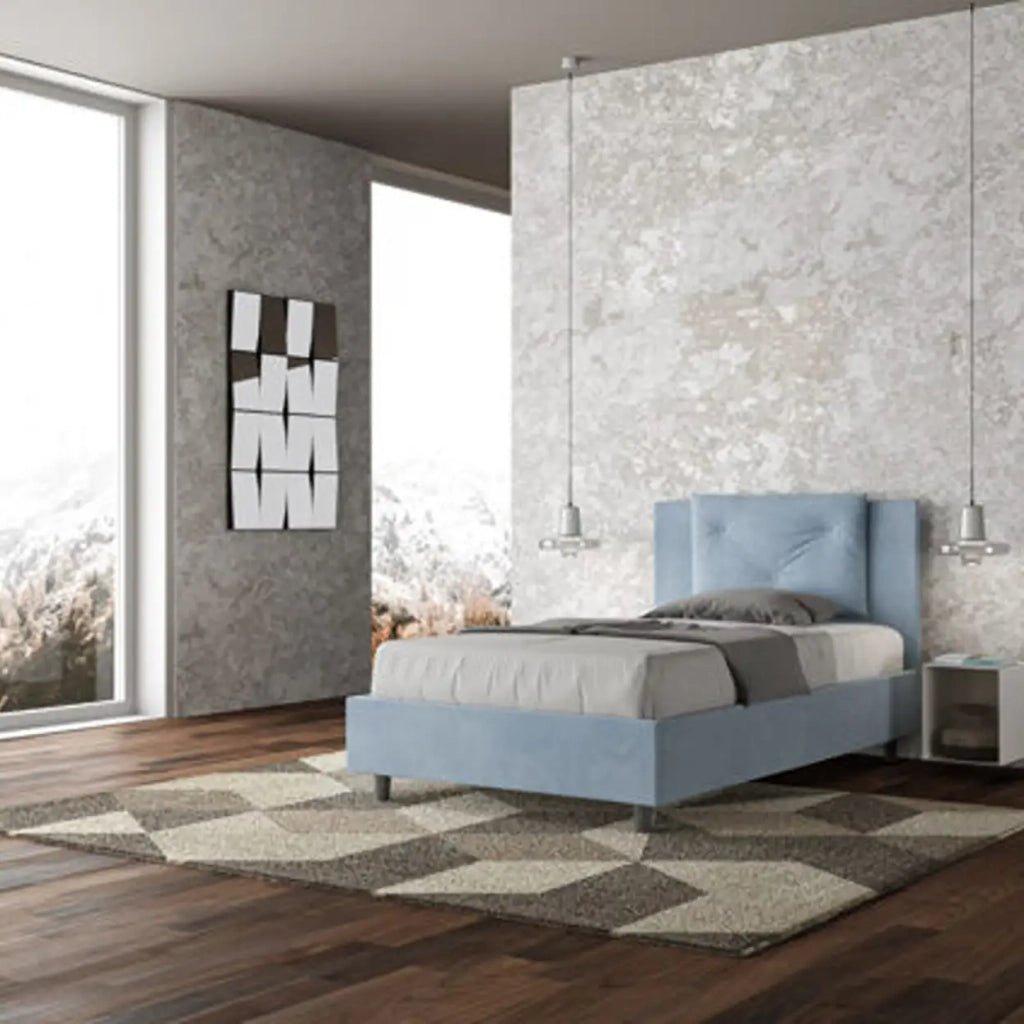 Letto una piazza e mezza con rete imbottito 120x210 microfibra azzurro Appia