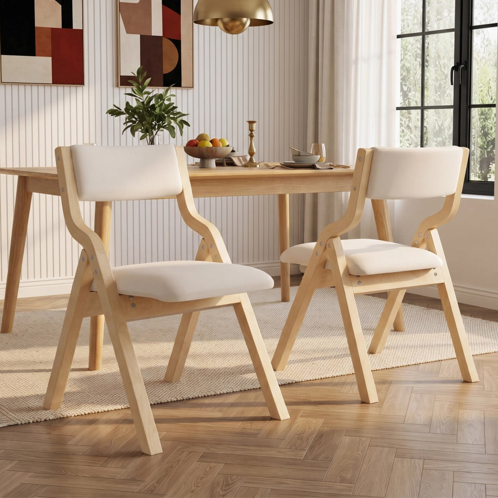 Set di 4 sedie da pranzo pieghevoli con struttura in legno massiccio, seduta imbottita e tessuto in lino beige