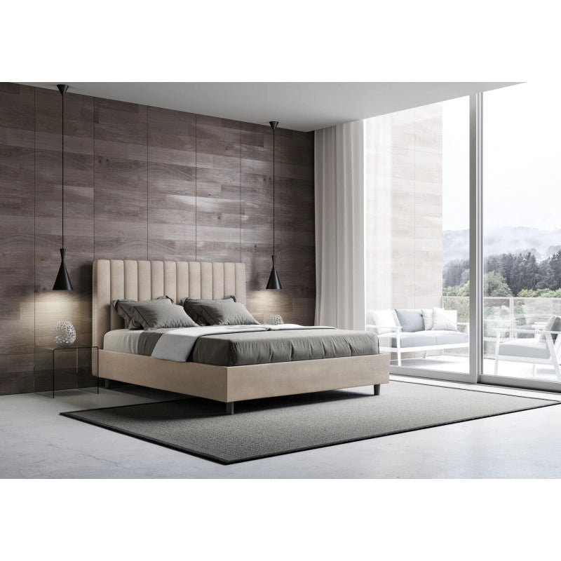 Letto imbottito Letto Matrimoniale alla Francese 150x210 cm Agueda - Contenitore,Microfibra,Sabbia