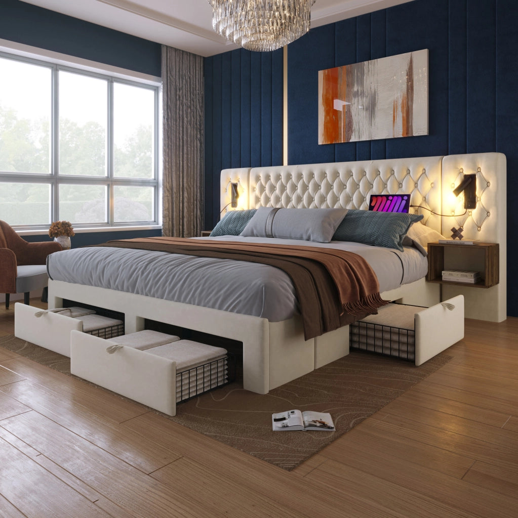 Set Letto Matrimoniale Beige in Velluto 160x200 cm con 2 Comodini, 4 Cassetti, Lampade da Lettura e Porta USB, Inclusa Materasso
