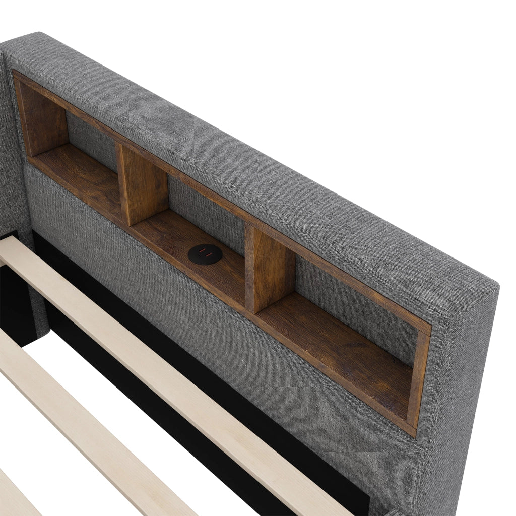 Letto con cassetti 90 × 200 cm con LED USB e Type-C in lino e MDF grigio con vani nella testiera