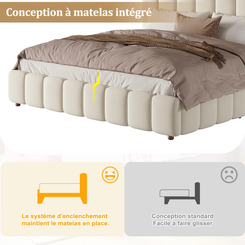 Letto matrimoniale contenitore 180 x 200 cm, letto imbottito idraulico in velluto con rete a doghe, contenitore, testiera beige a righe verticali