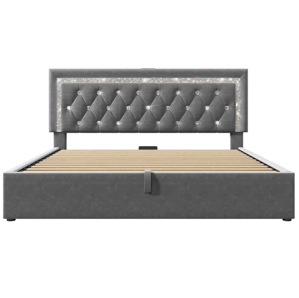 Letto contenitore 160 × 200 cm con LED; USB e USB-C; testiera regolabile; velluto grigio