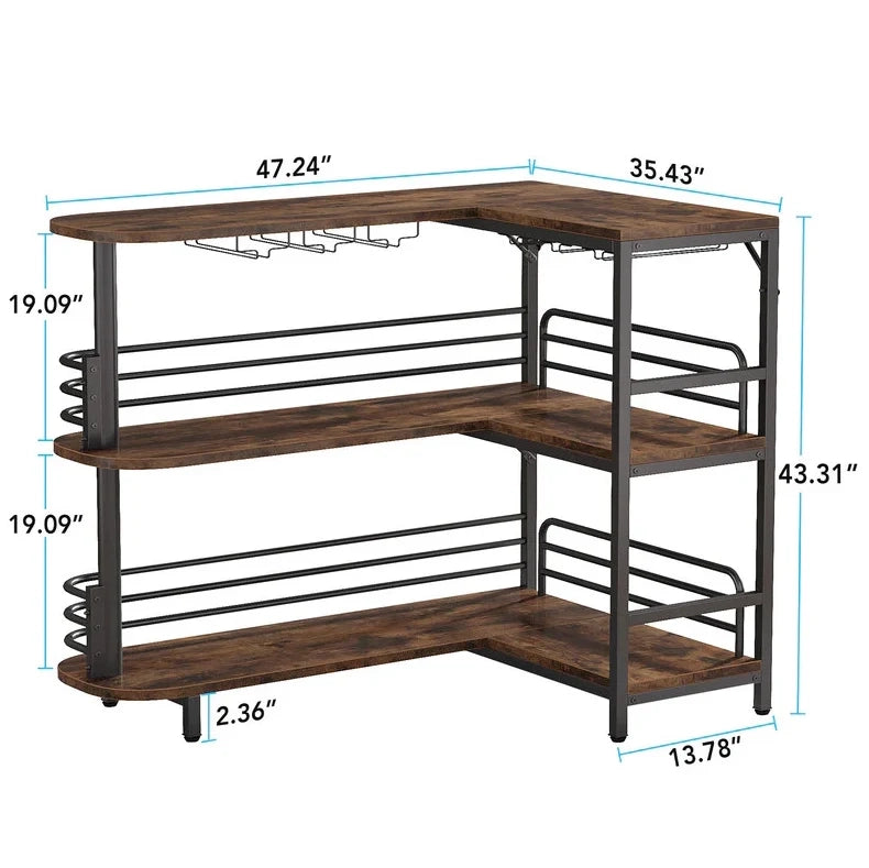 Banco bar angolare ULEVR 120x90x110 cm con 2 ripiani aperti e 6 portabicchieri, nero e marrone rustico