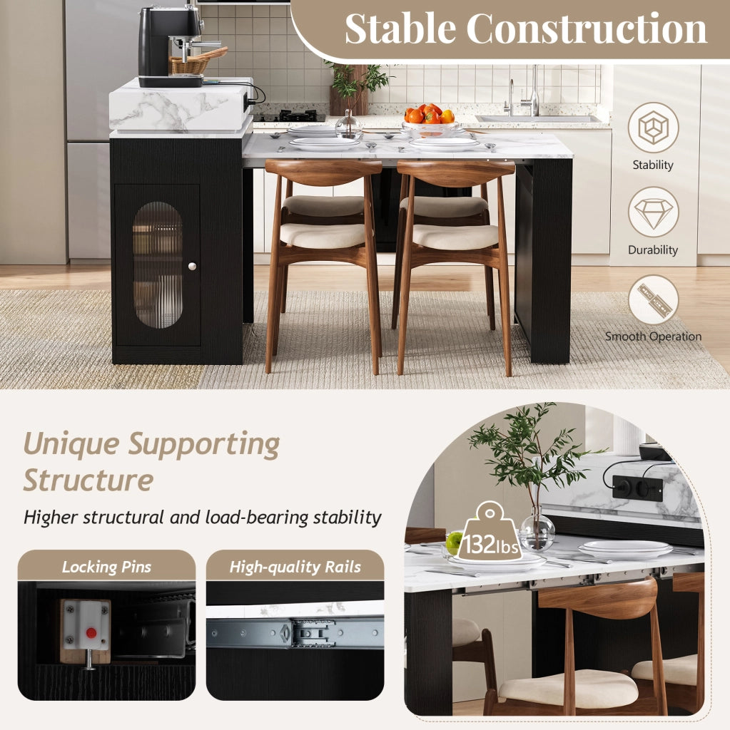 Isola cucina estensibile con prese e contenitore nera