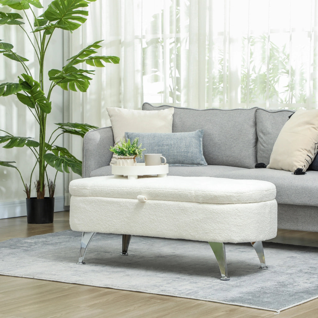 Panca contenitore Panca imbottita con coperchio Panca da ingresso in Poliestere Bianco 114 × 47 × 46,5 cm