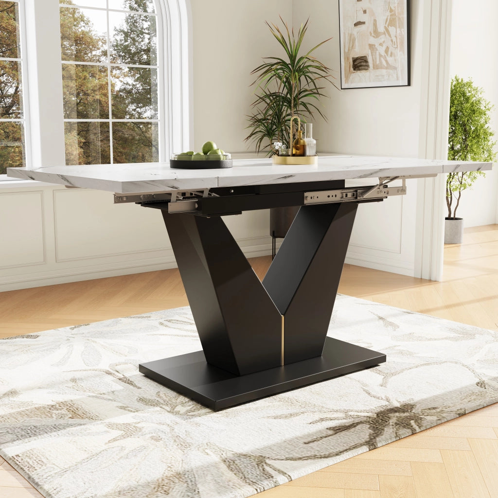 Tavolo da pranzo allungabile 99-159x75x75 cm, piano in MDF effetto marmo, bianco e nero, struttura in metallo