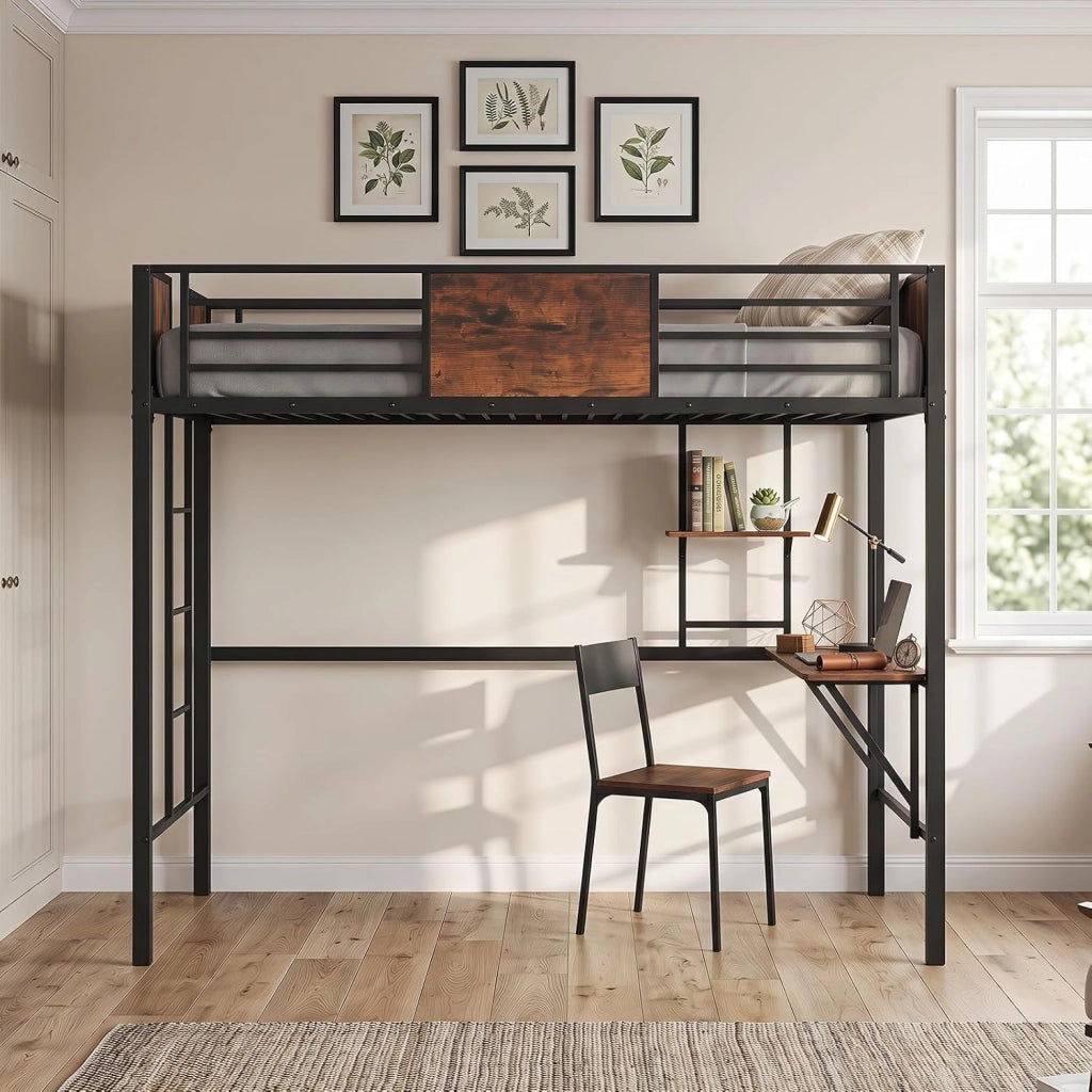 Letto a Soppalco in Metallo, Struttura del Letto 200 x 90 cm | Salvaspazio con Scrivania, Libreria, Sponda Rialzata, Design a Doghe e 3 Scale per Appartamenti e Dormitori