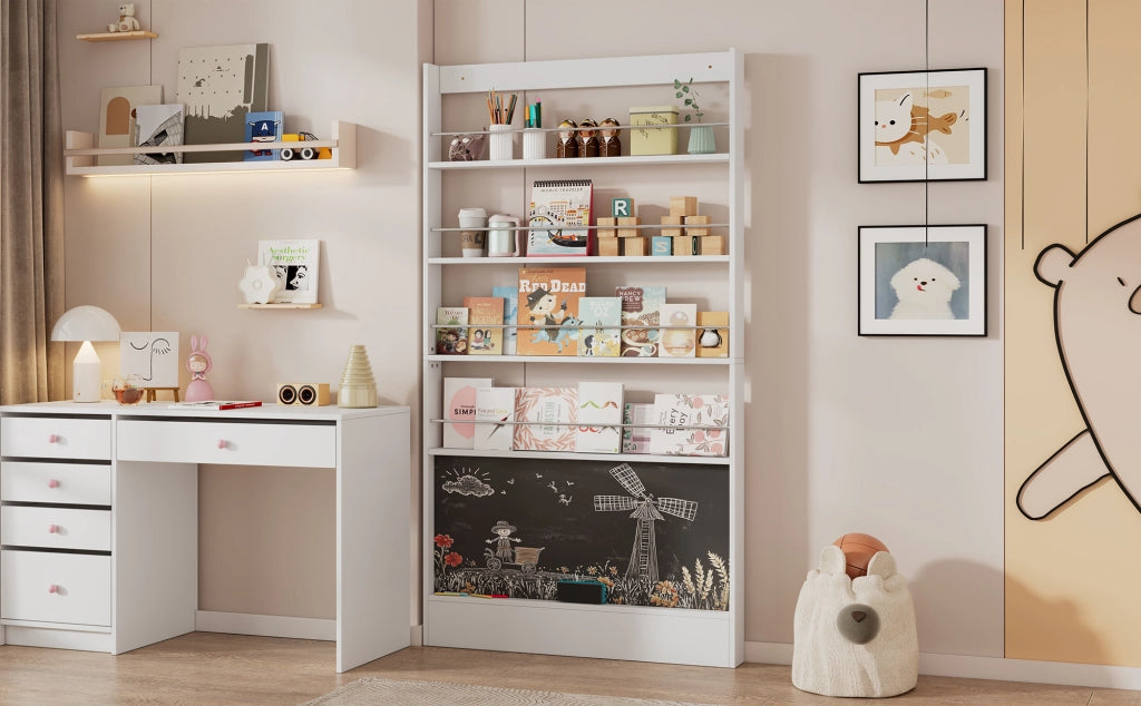 Set Scrivania e Libreria per Bambini 2 Pezzi con 5 Cassetti, 4 Ripiani e Lavagna, Bianco