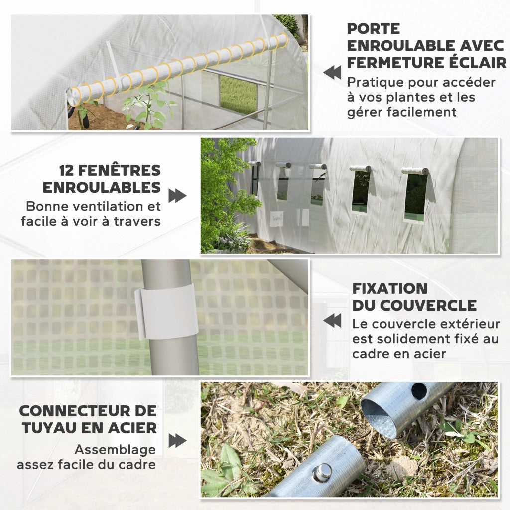 Serre de jardin tunnel grande taille avec bâche PE cadre en acier porte enroulable et 12 fenêtres 8 x 3 x 2 m blanc