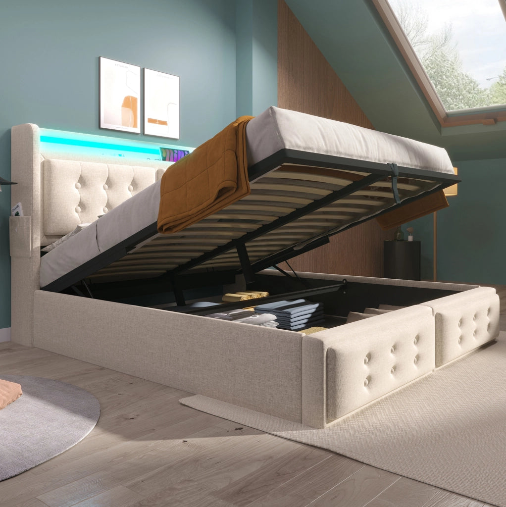 Letto contenitore 140 × 200 cm con LED; prese USB e USB-C; 220 × 141 × 109 cm; beige